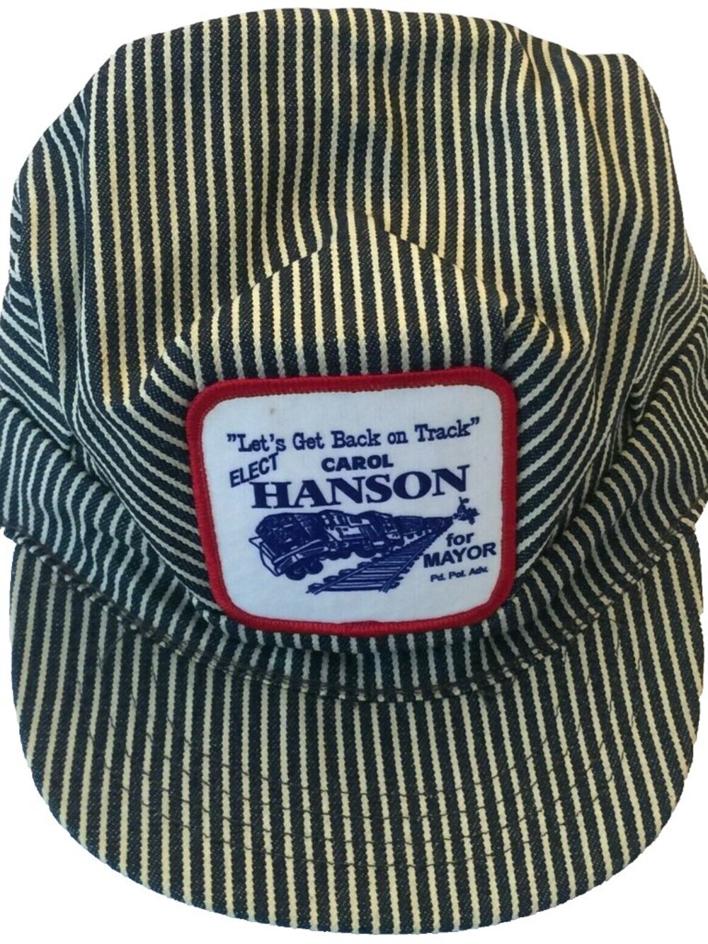 VINTAGE HICKORY STRIPE SNAPBACK CAP HAT RAILROAD ENGINEER CONDUCTOR MAYOR PATCH